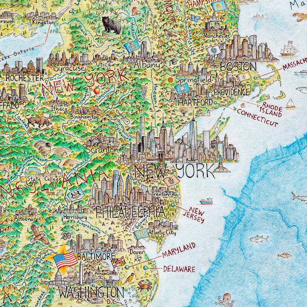 Map of Eastern United States showcasing the city skylines of big cities such as New York, Philadelphia, Washington, Boston and more.