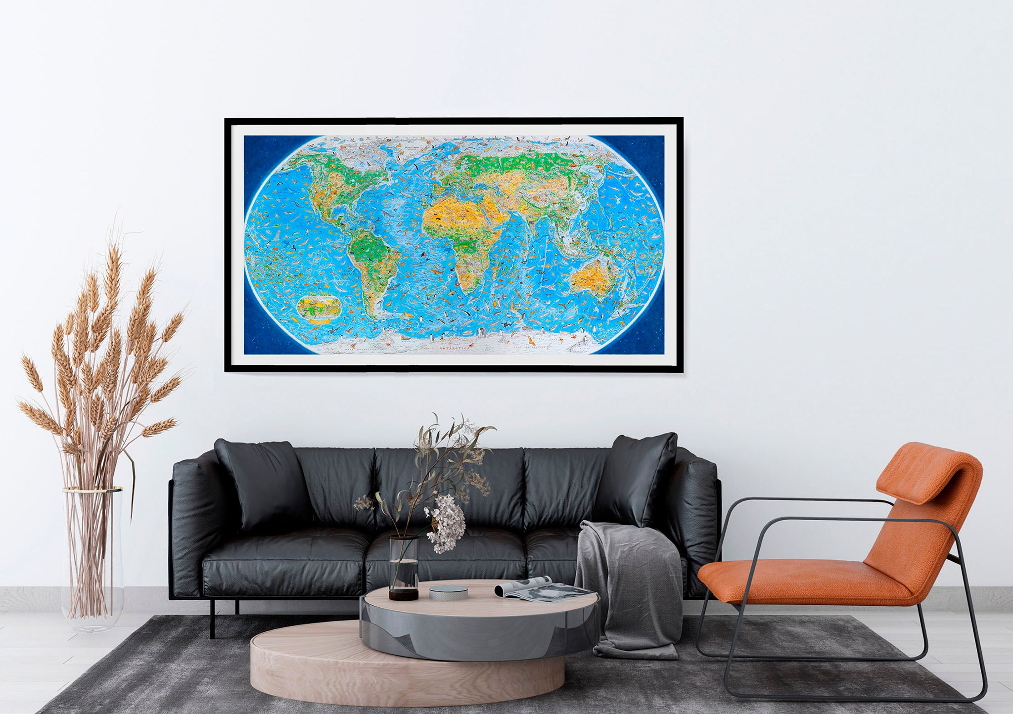 Wild World Map by Anton Thomas containing over 1,600 animals on sophisticated office space as decoration