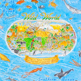 Cartouche of hand-drawn Wild World Map illustrated by Anton Thomas and containing endemic species from every continent 